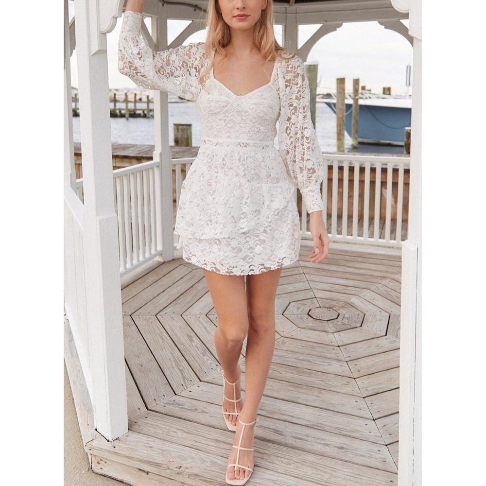 LoveShackFancy Alela Corded Lace Tiered Mini Dress True White Size 4 $425